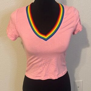 Pink V-Neck Rainbow Trim Women's Top heart and hips size medium pride